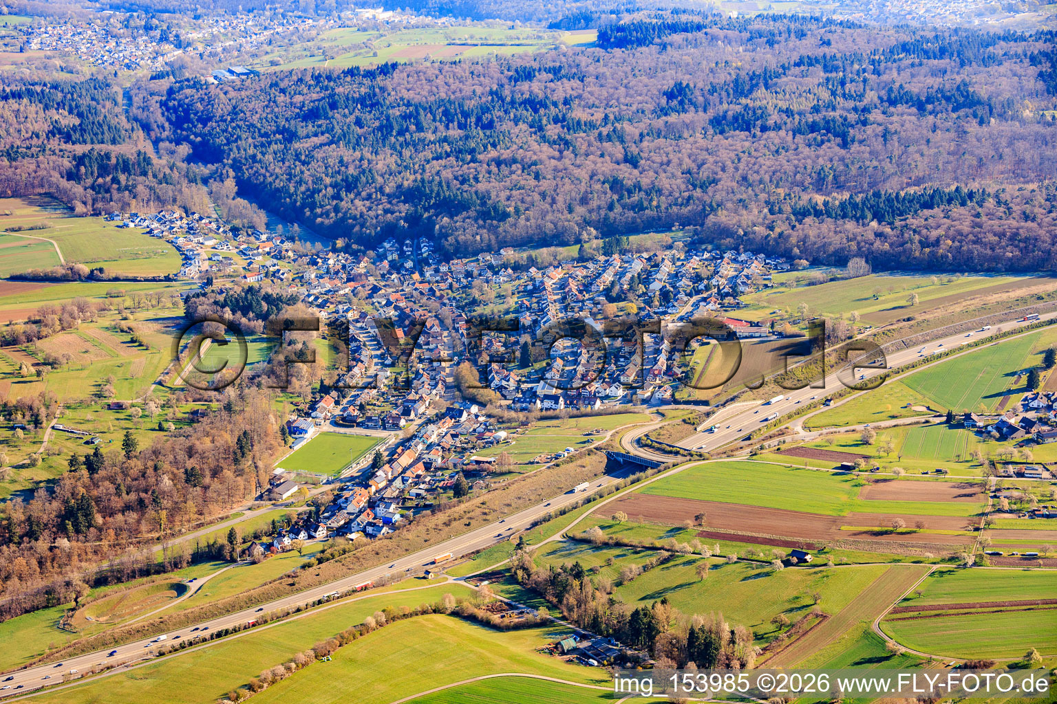 Village view beyond the A8 in the district Untermutschelbach in Karlsbad in the state Baden-Wuerttemberg, Germany