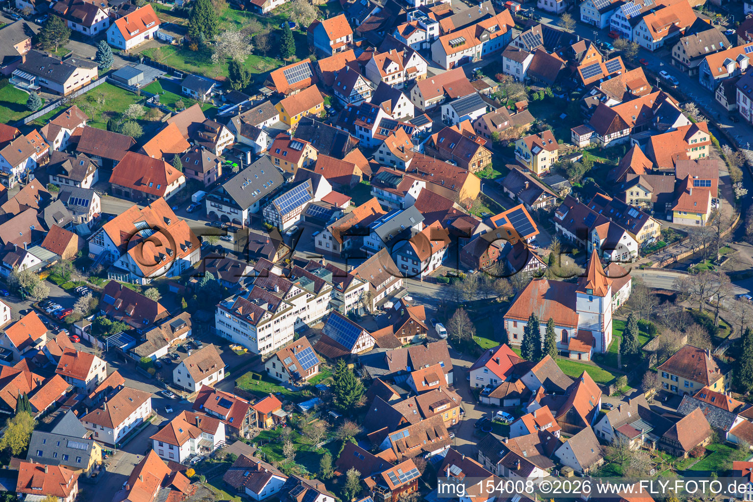Village center with St. Barbara's Church in the district Ellmendingen in Keltern in the state Baden-Wuerttemberg, Germany