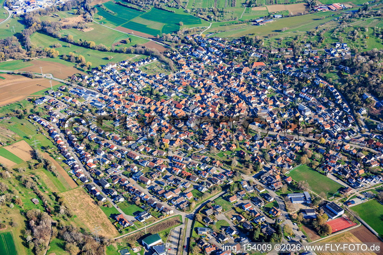 Overview of locations from the south in the district Ellmendingen in Keltern in the state Baden-Wuerttemberg, Germany