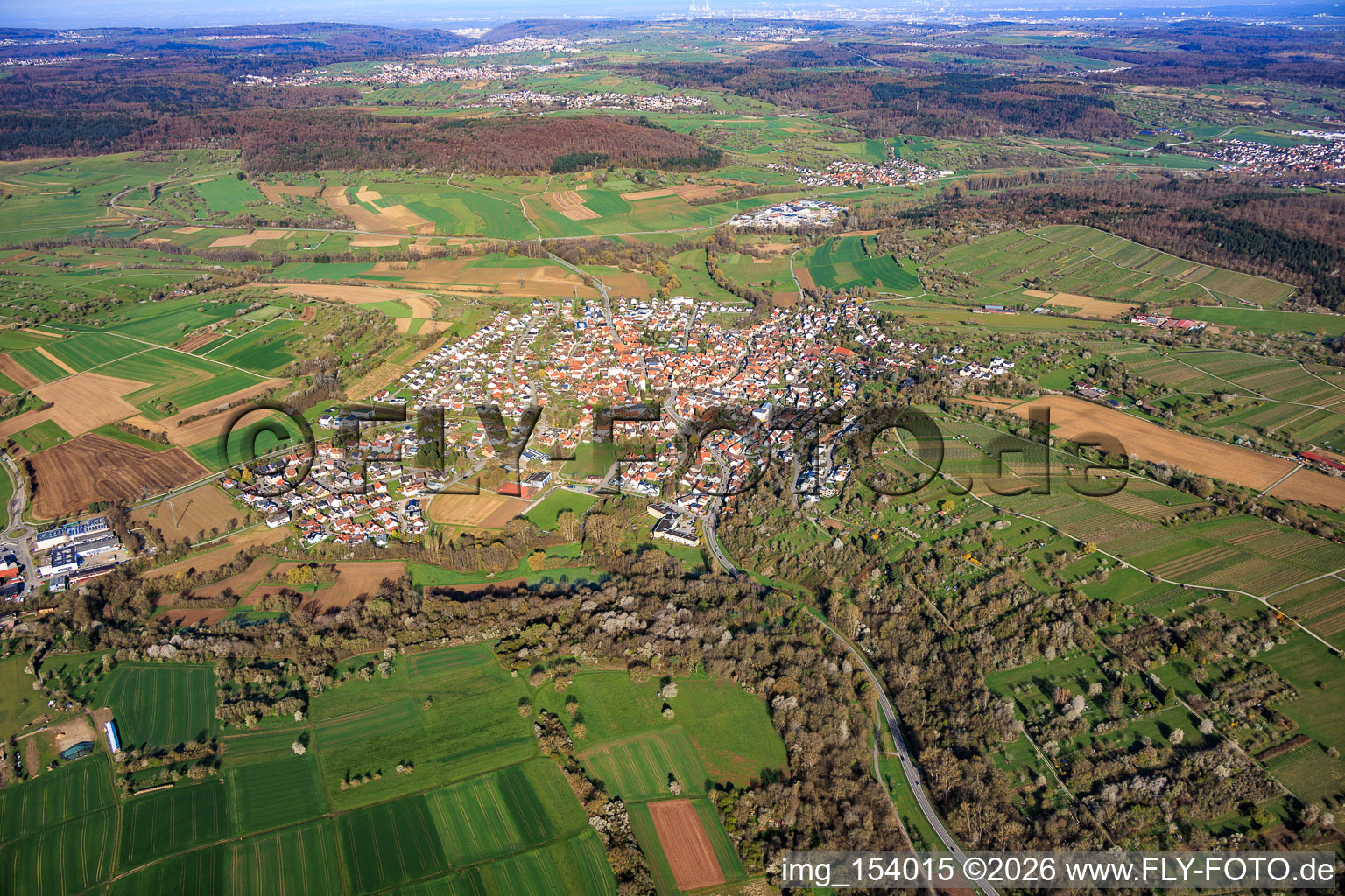 From the southeast in the district Ellmendingen in Keltern in the state Baden-Wuerttemberg, Germany