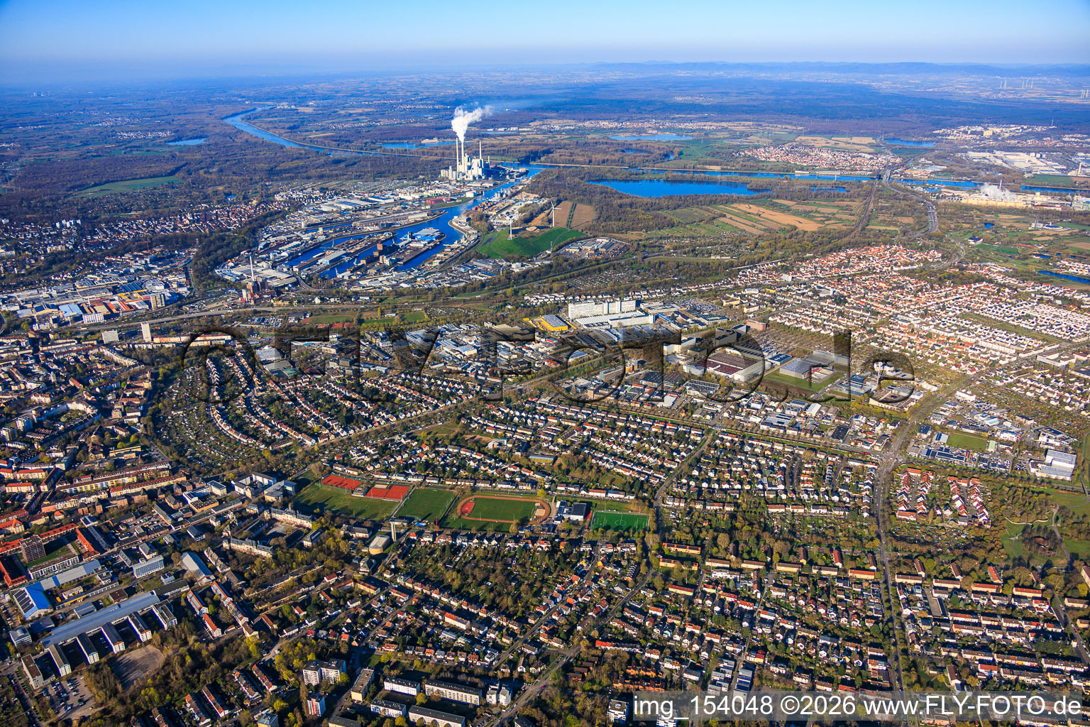 City panorama from the east to the Rhine in the district Nordweststadt in Karlsruhe in the state Baden-Wuerttemberg, Germany