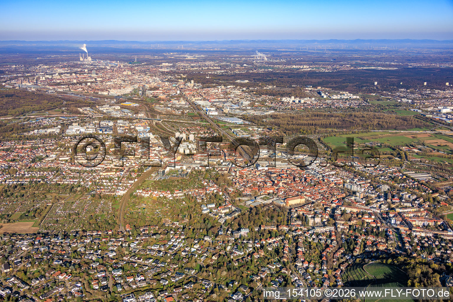 City view from the east to the Rhine port power plant in the district Durlach in Karlsruhe in the state Baden-Wuerttemberg, Germany
