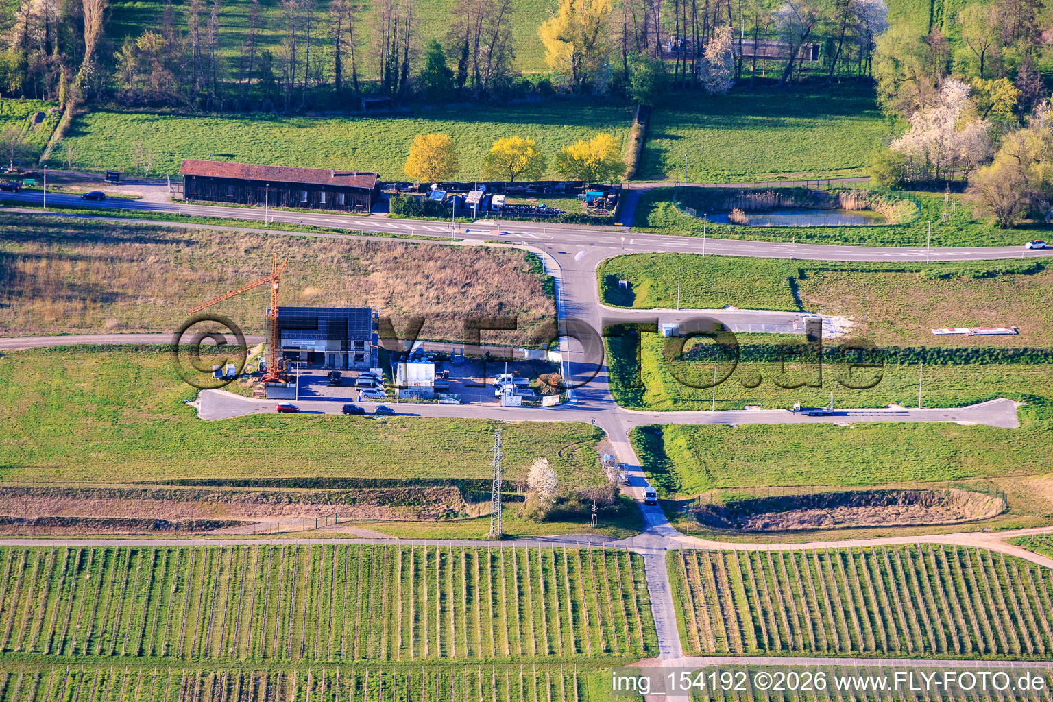 Industrial park Am Lokschuppen with new construction site of Tobias Hübenthal's car repair shop in Klingenmünster in the state Rhineland-Palatinate, Germany