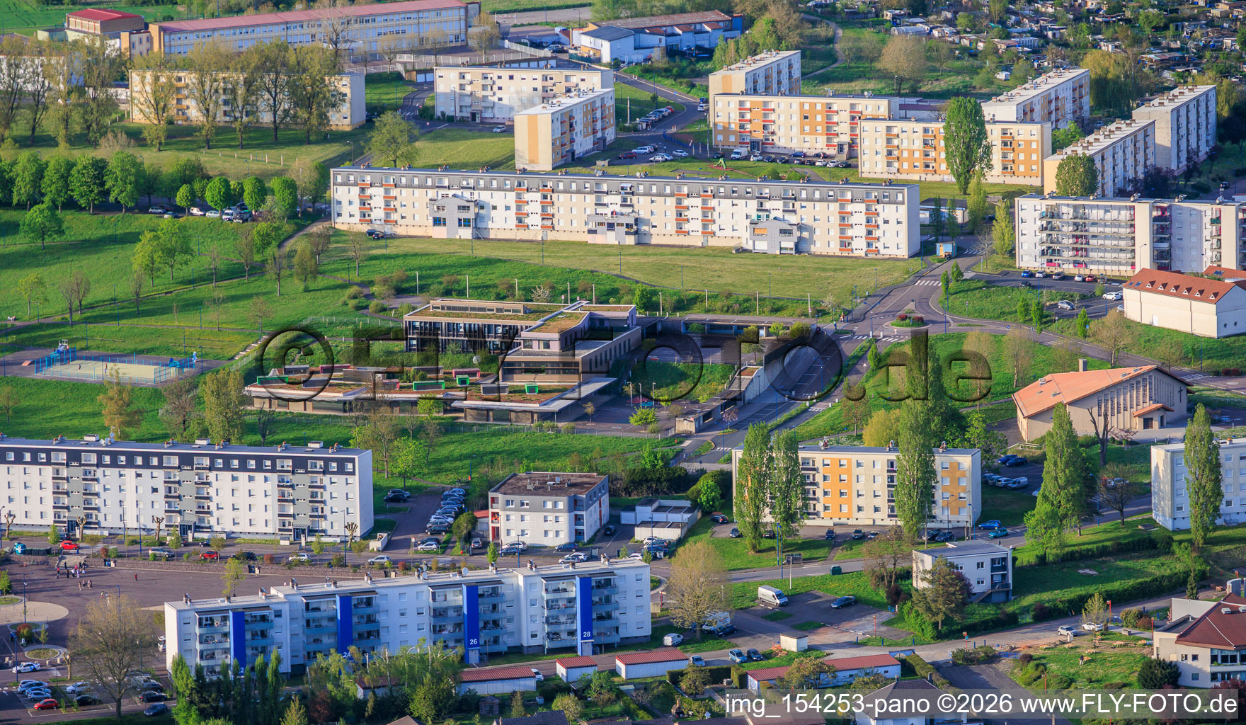 School Ecole du Parc and Church Église Sainte-Thérèse de Farébersviller at the housing estate on Av. de l'Europe in Farébersviller in the state Moselle, France