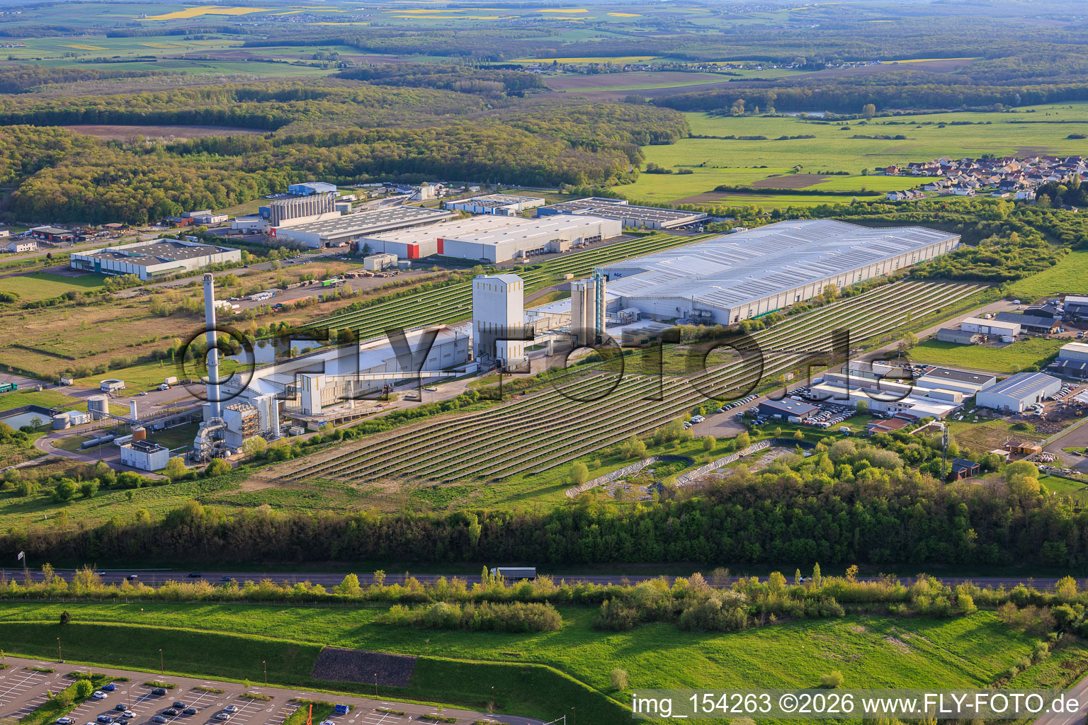 AGC Glass glassworks Seingbouse SAS with large open-field PV system in Seingbouse in the state Moselle, France
