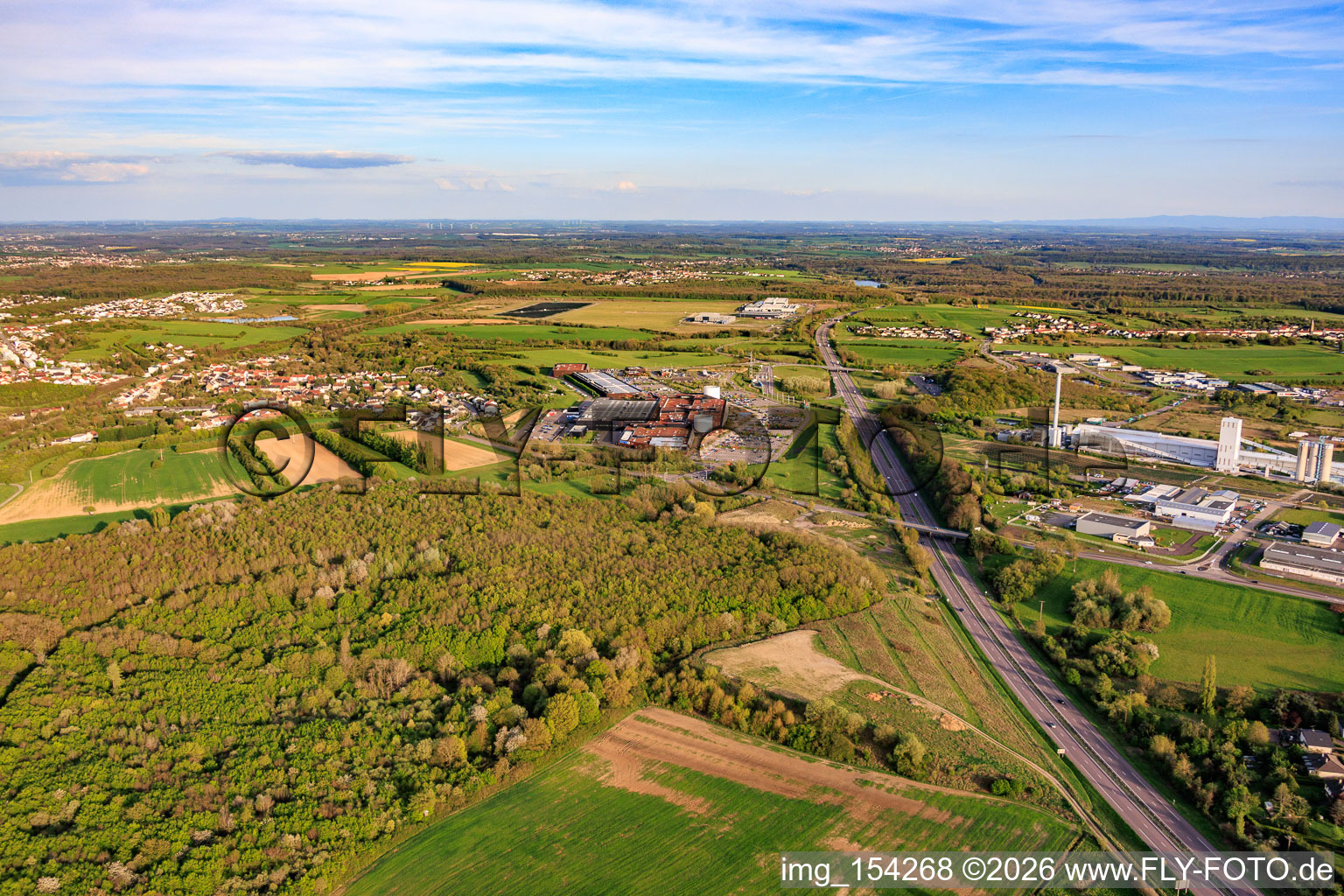 Route of the Autoroute de l'Est southeastwards past the Centre commercial B'EST shopping center in Farébersviller in the state Moselle, France