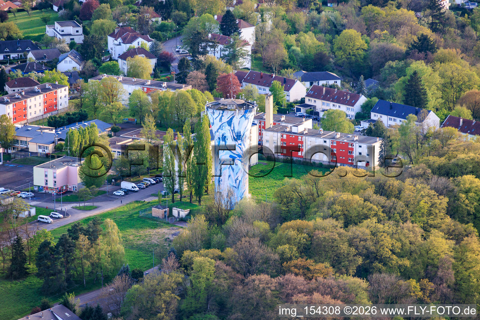 Painted water tower on Rue du Château d'Eau in the district La Carriere in Saint-Avold in the state Moselle, France