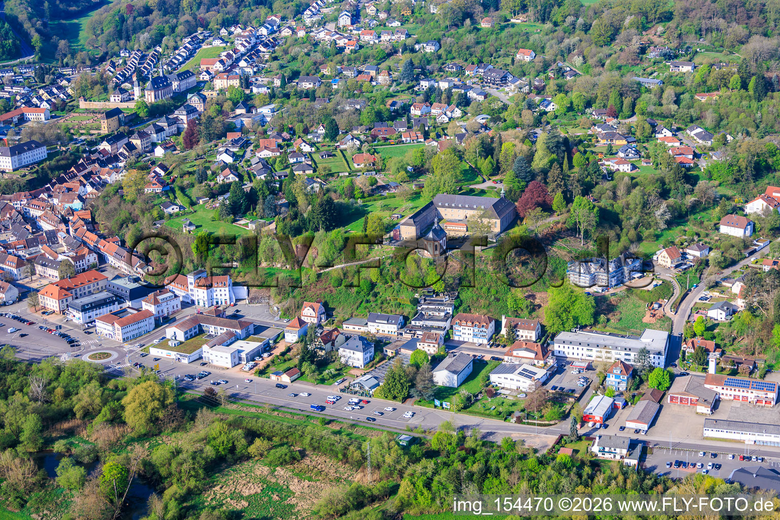 View of the town from the northeast with pilgrimage monastery Blieskastel in Blieskastel in the state Saarland, Germany