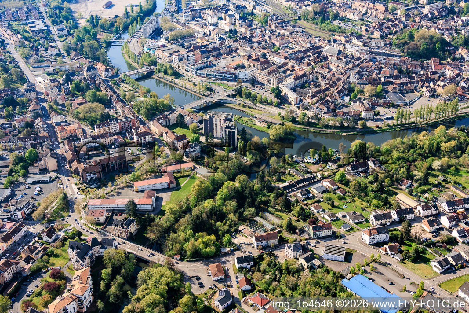 City overview from the north showing bridges over the Saar in the district Blies Sud in Saargemünd in the state Moselle, France