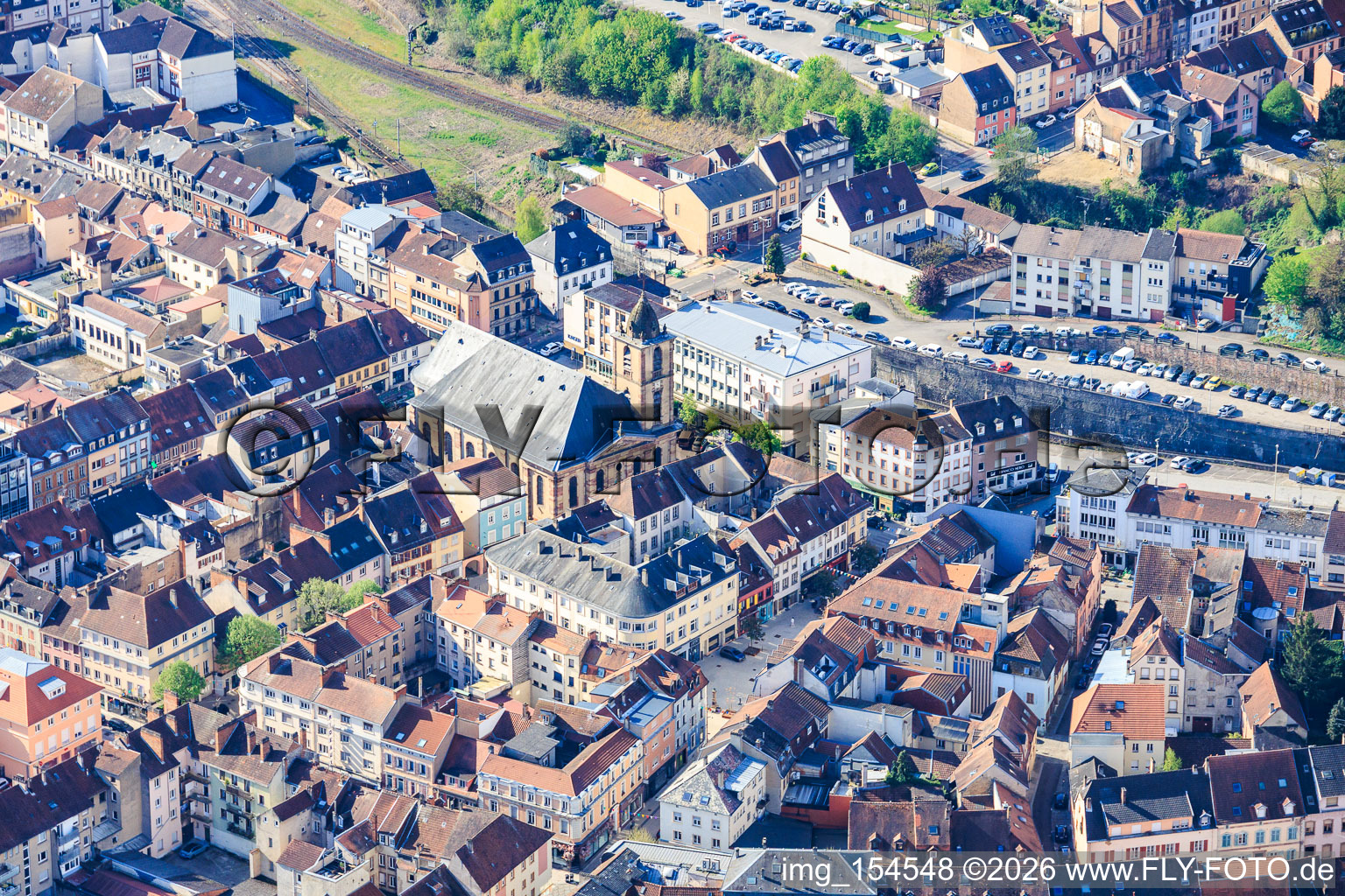 City center with the Church of Saint Nicholas / Eglise Saint-Nicolas in Saargemünd in the state Moselle, France