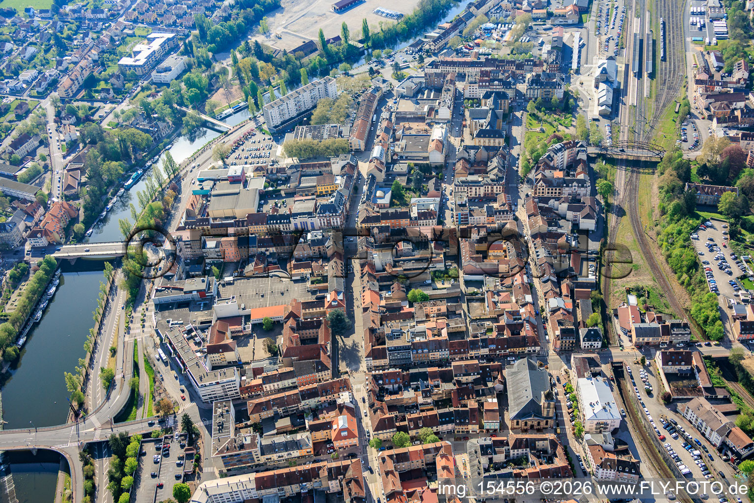 City center overview west of the Saar from the north in Saargemünd in the state Moselle, France
