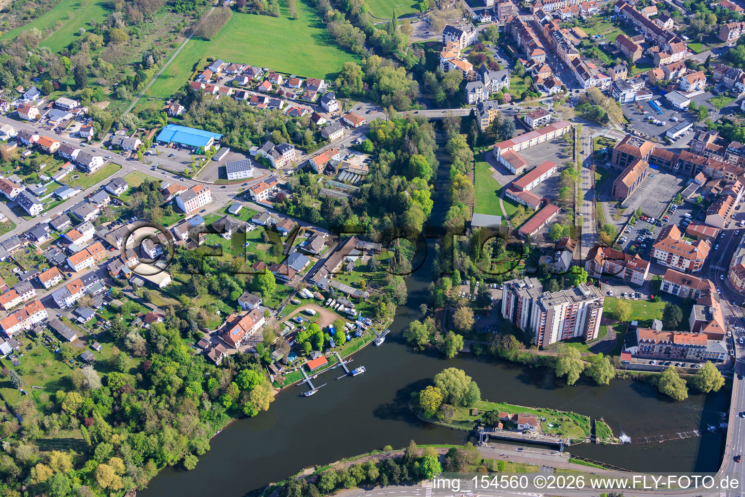 Mouth of the Blies into the Saar, island of lock 28 Saargemünd and Yacht Club Hanweiler e. V. in the district Rilchingen-Hanweiler in Kleinblittersdorf in the state Saarland, Germany