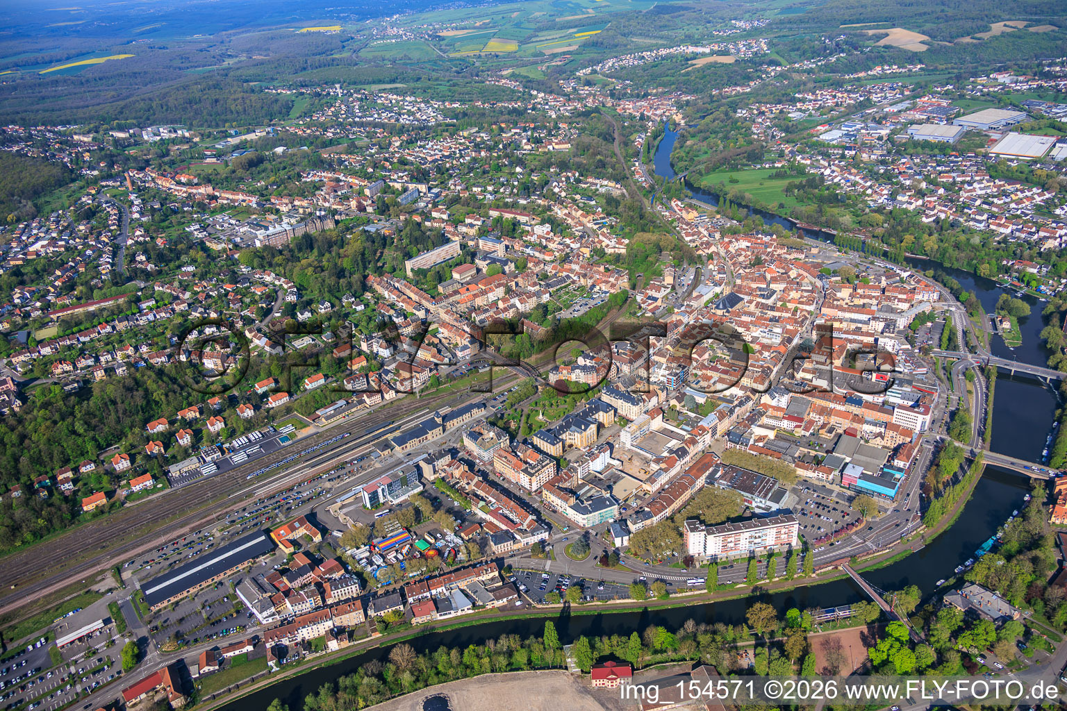 City overview on the banks of the Saar River from the southwest in Saargemünd in the state Moselle, France