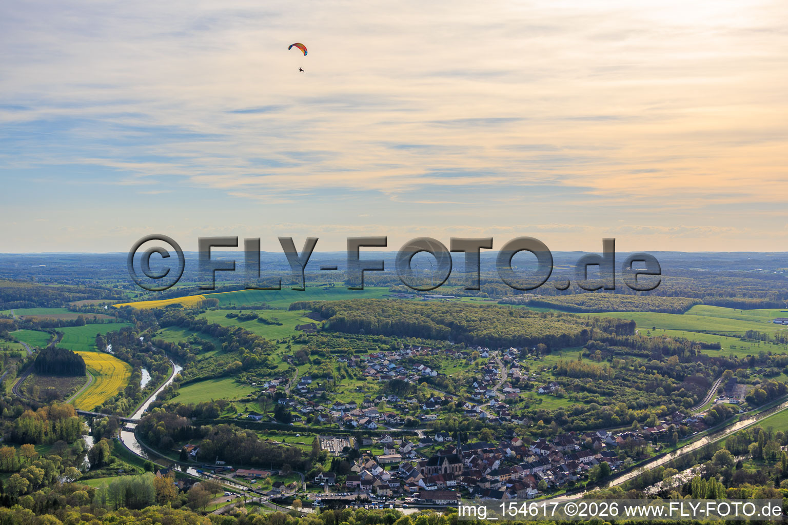 Village view in an arc of the Saar and Saar Canal in Wittring in the state Moselle, France