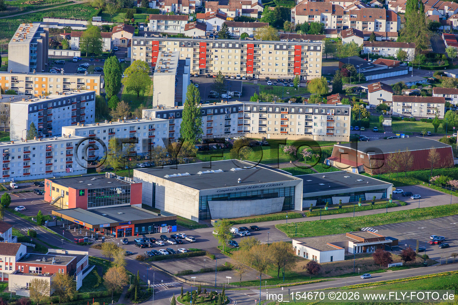 Complexe Sportif Marcel Cerdan and the prefab housing development on Av. Victor Hugo in Farébersviller in the state Moselle, France