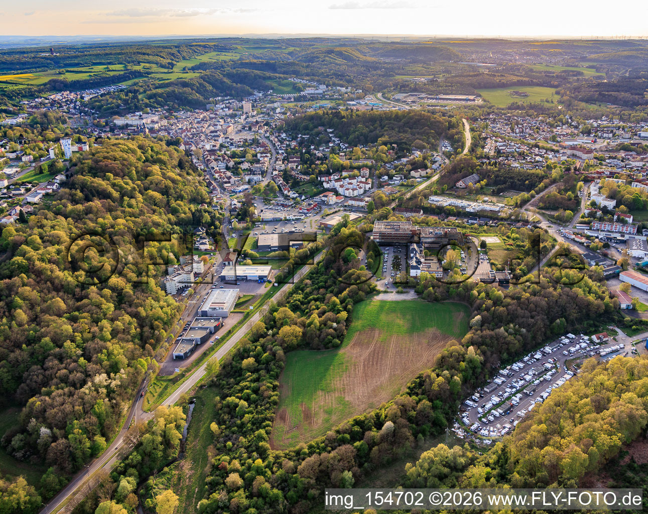 City view from the east with Hospital De Saint-Avold in the district Forêts de Zang et du Steinberg in Saint-Avold in the state Moselle, France