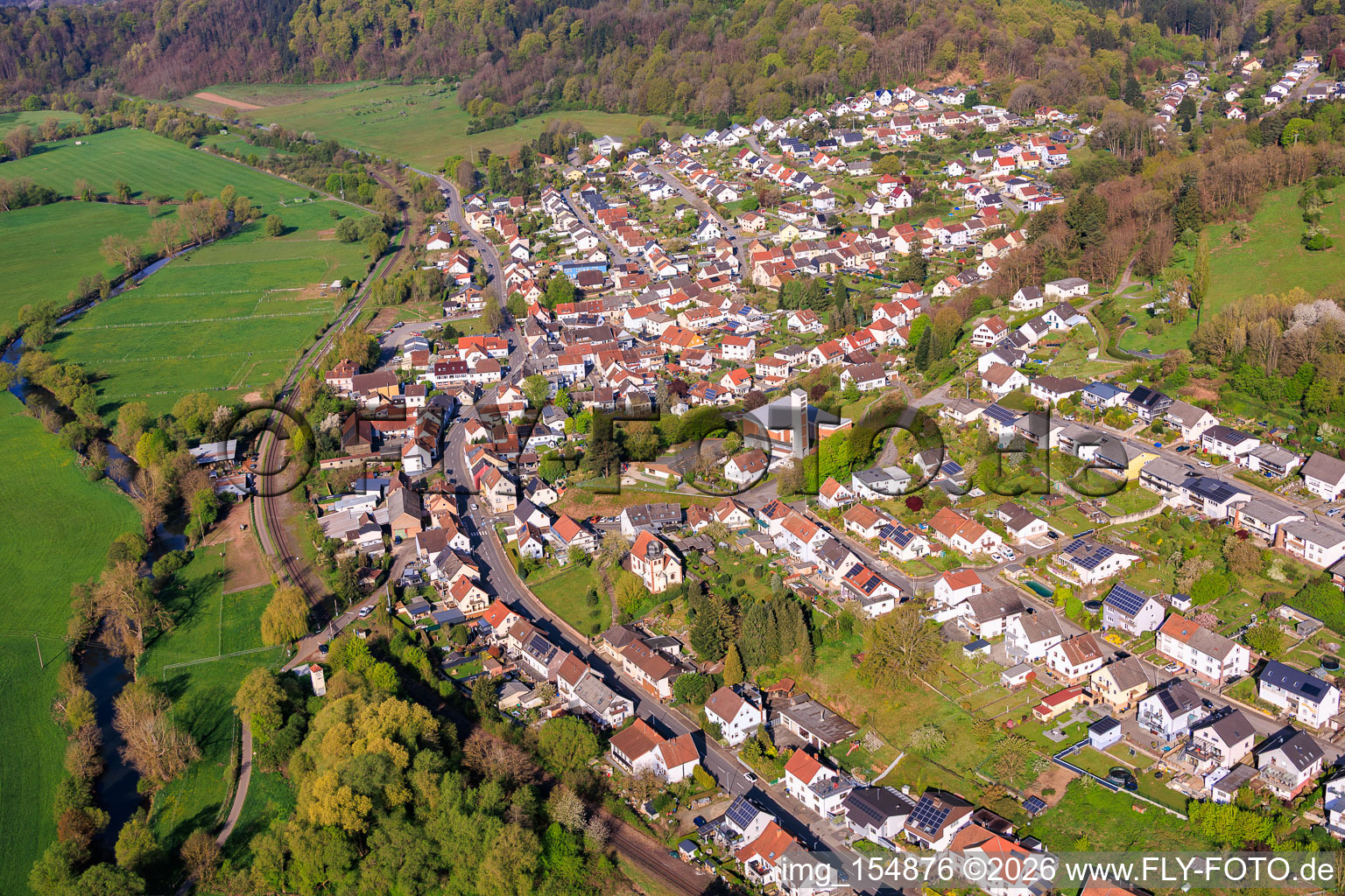 View of the town from the east with the Sacred Heart Church (Catholic Church) in the district Bierbach in Blieskastel in the state Saarland, Germany