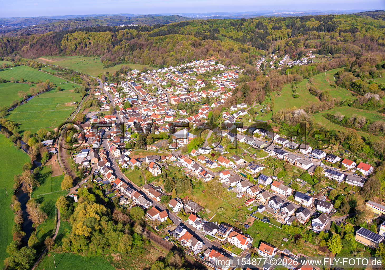 View of the town from the east with the Sacred Heart Church (Catholic Church) in the district Bierbach in Blieskastel in the state Saarland, Germany