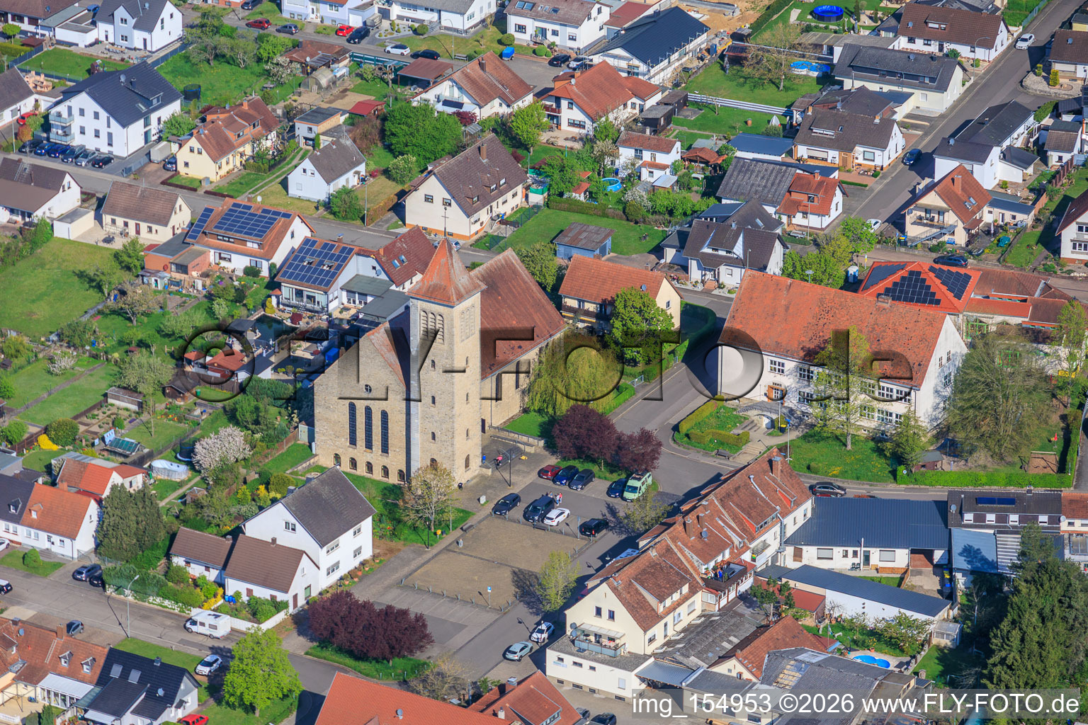 Market square with St. Joseph's parish church in the district Sitterswald in Kleinblittersdorf in the state Saarland, Germany
