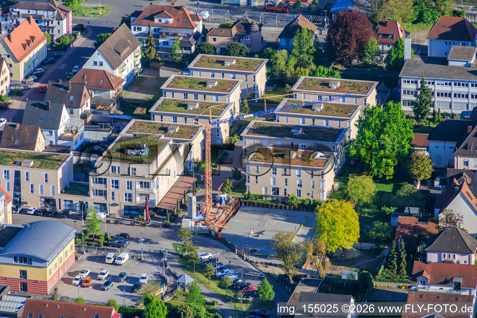 Construction site with completed basement for the expansion of the residential complex in the city center in Kandel in the state Rhineland-Palatinate, Germany