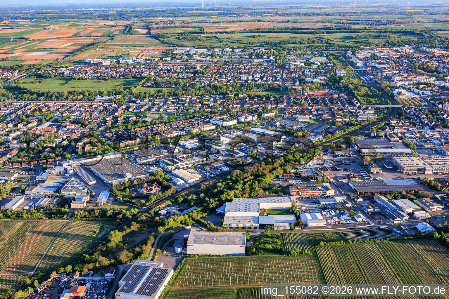 City view from the north with industrial area north, Horstring and Queichheim in Landau in der Pfalz in the state Rhineland-Palatinate, Germany