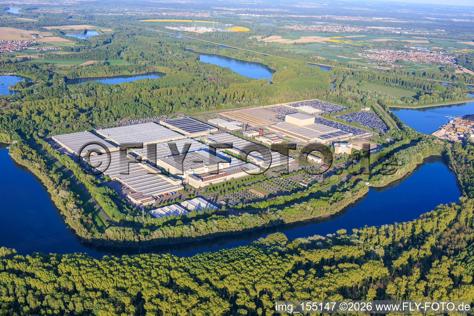 Mercedes-Benz Global Logistics Center from the west in Germersheim in the state Rhineland-Palatinate, Germany
