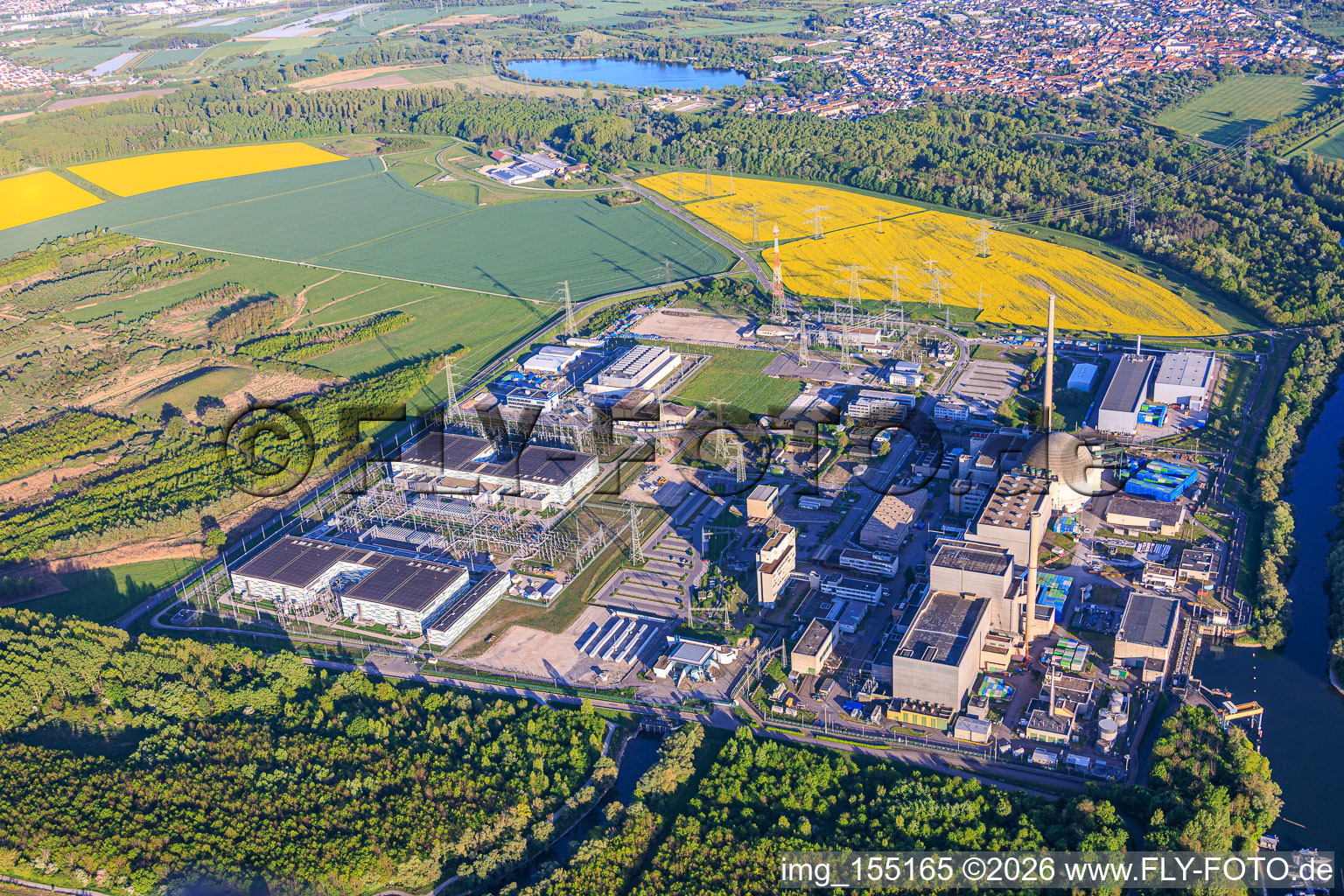 Decommissioned nuclear power plant of EnBW Kernkraft GmbH (EnKK), Philippsburg with direct current substation of TransnetBW GmbH in Philippsburg in the state Baden-Wuerttemberg, Germany