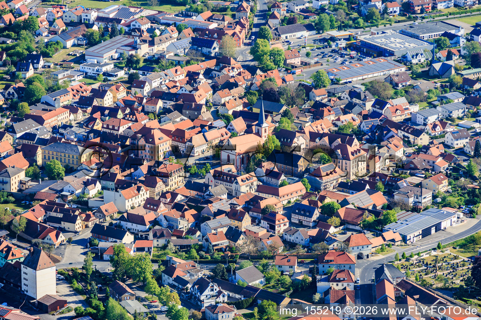 Market square with the parish church of St. John the Baptist in Hofheim in Unterfranken in the state Bavaria, Germany