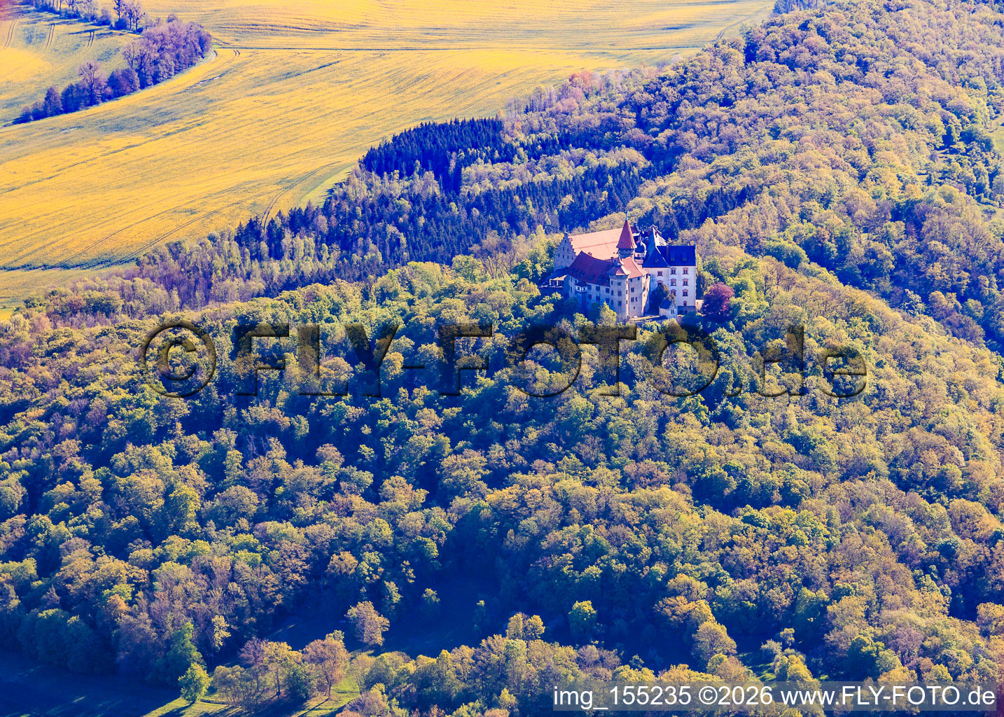 German Castle Museum Veste Heldburg with castle restaurant, cafe, wedding venue and castle chapel - Franconian light in Heldburg in the state Thuringia, Germany