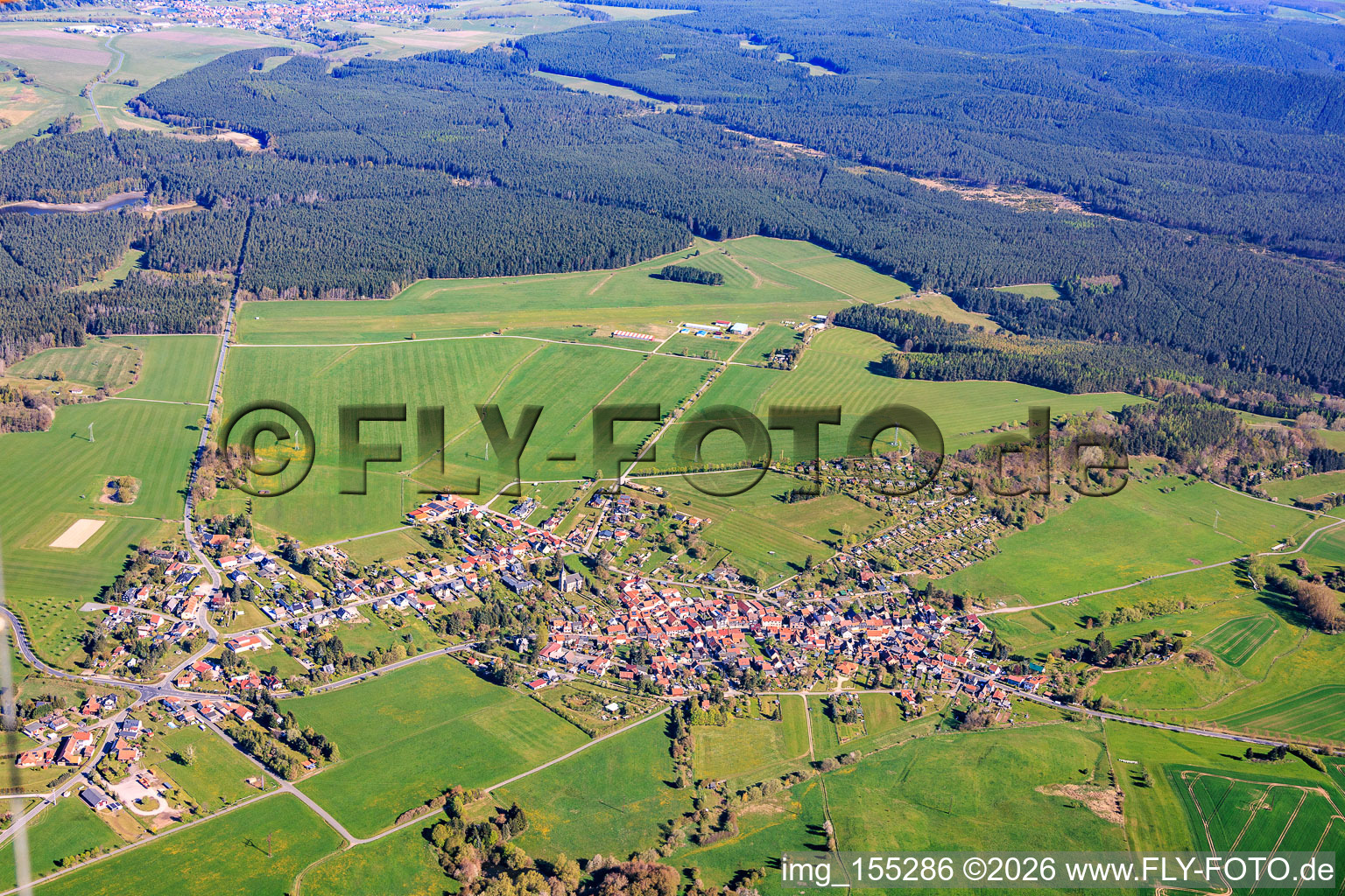 View of the town from the south, this side of the airfield Pennewitz in the district Pennewitz in Ilmenau in the state Thuringia, Germany