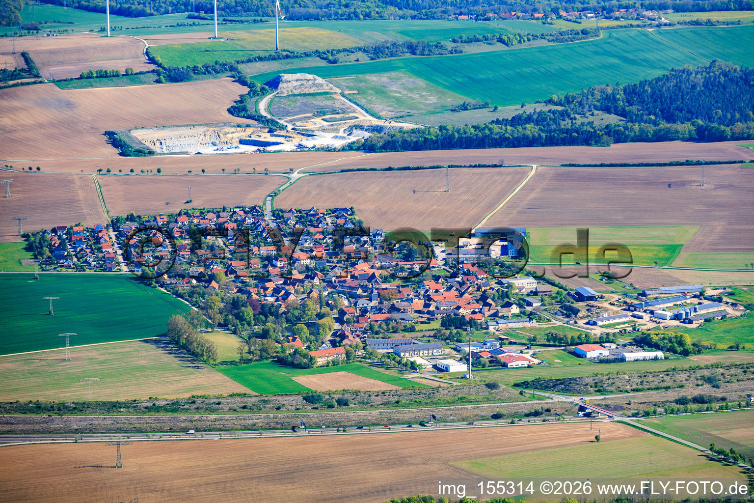 Village view from the south, beyond the A4 motorway in Bucha in the state Thuringia, Germany