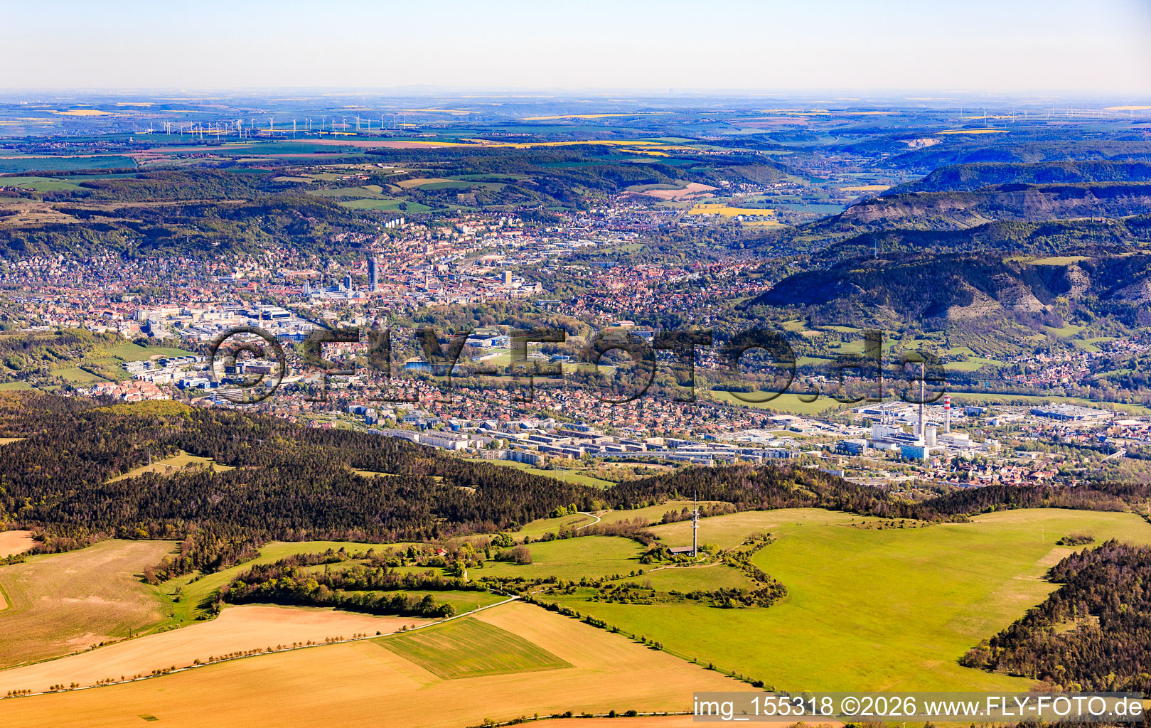 City view from the south with Oßmaritz radio tower in the district Winzerla in Jena in the state Thuringia, Germany