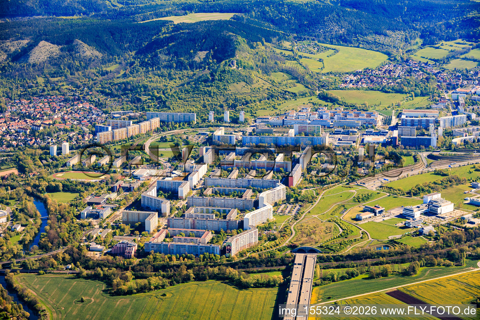 Tunnel of the A4 under the prefabricated housing estate from the southwest and EVER Pharma Jena GmbH in the district Neulobeda in Jena in the state Thuringia, Germany