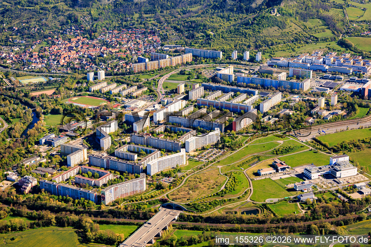 Tunnel of the A4 under the prefabricated housing estate from the southwest and EVER Pharma Jena GmbH in the district Neulobeda in Jena in the state Thuringia, Germany