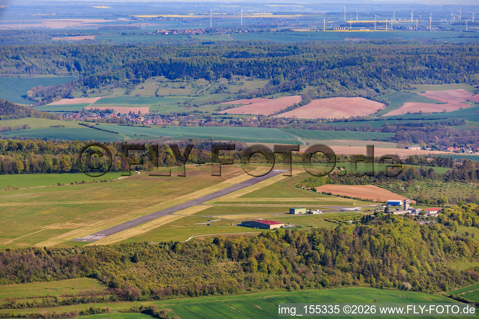 Runway and tower of Jena Airport-Schöngleina from the south in Schöngleina in the state Thuringia, Germany