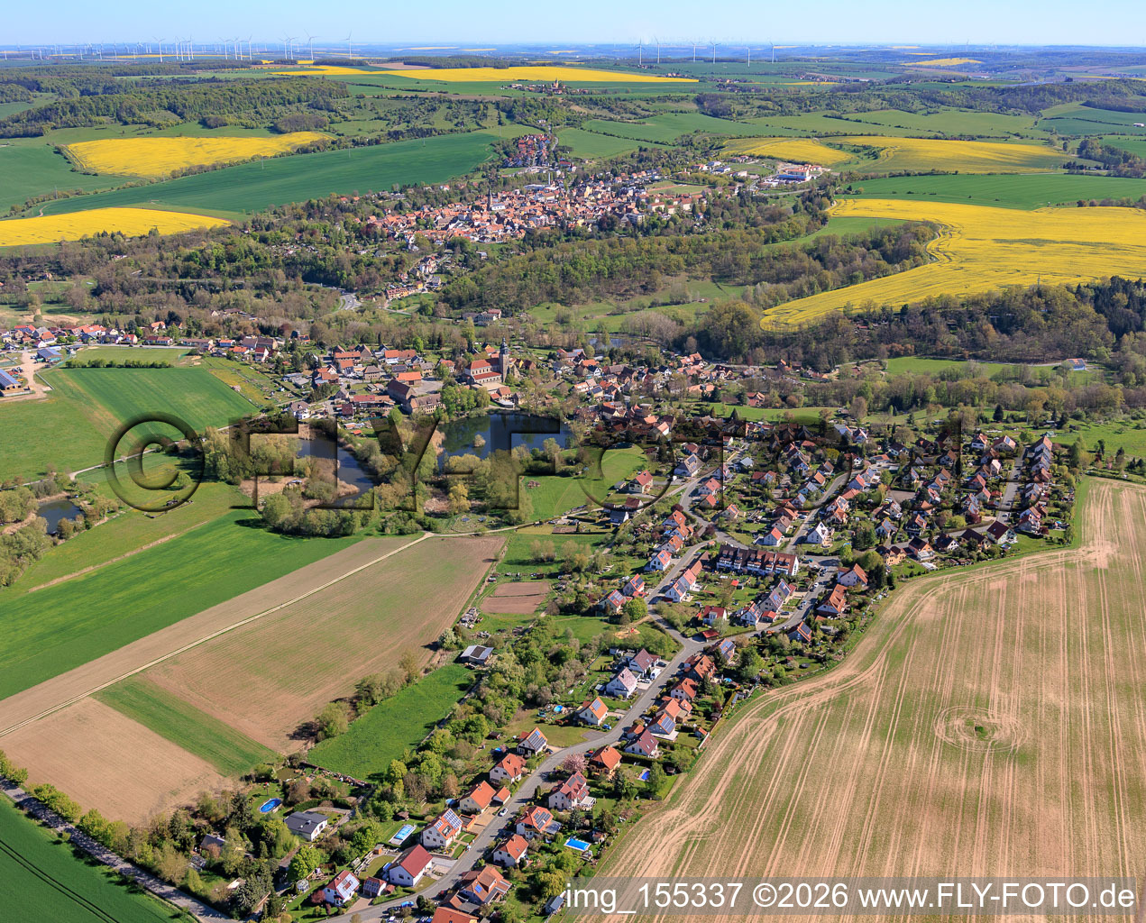 View of the town from the south with the monastery pond in the district Thalbürgel in Bürgel in the state Thuringia, Germany