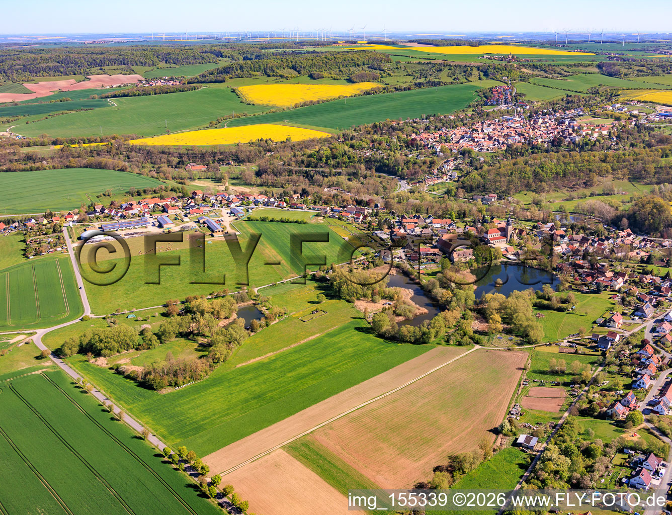View of the town from the south with the monastery pond in the district Thalbürgel in Bürgel in the state Thuringia, Germany