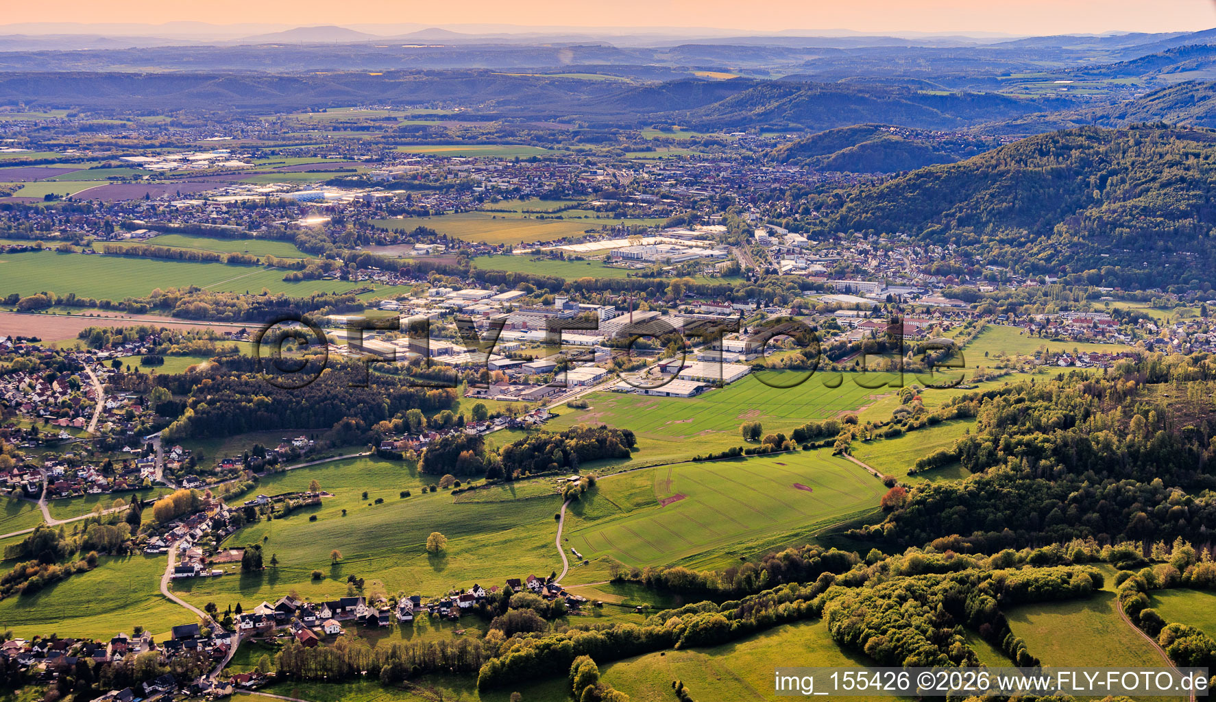 City view from the southeast with OBECK Verpackungen GmbH and Martin Systems AG in the industrial park Sonneberg-Föritz in the district Malmerz in Sonneberg in the state Thuringia, Germany