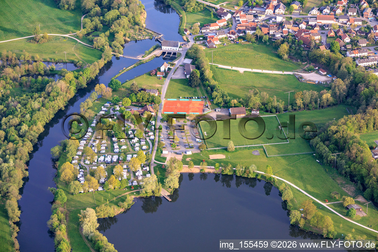 Maincamping Lichtenfels at the bathing lake Oberwallenstadt and sports fields of DJK Franken Lichtenfels at the ford in the Main of the hydroelectric power plant Oberwallenstadt in the district Oberwallenstadt in Lichtenfels in the state Bavaria, Germany