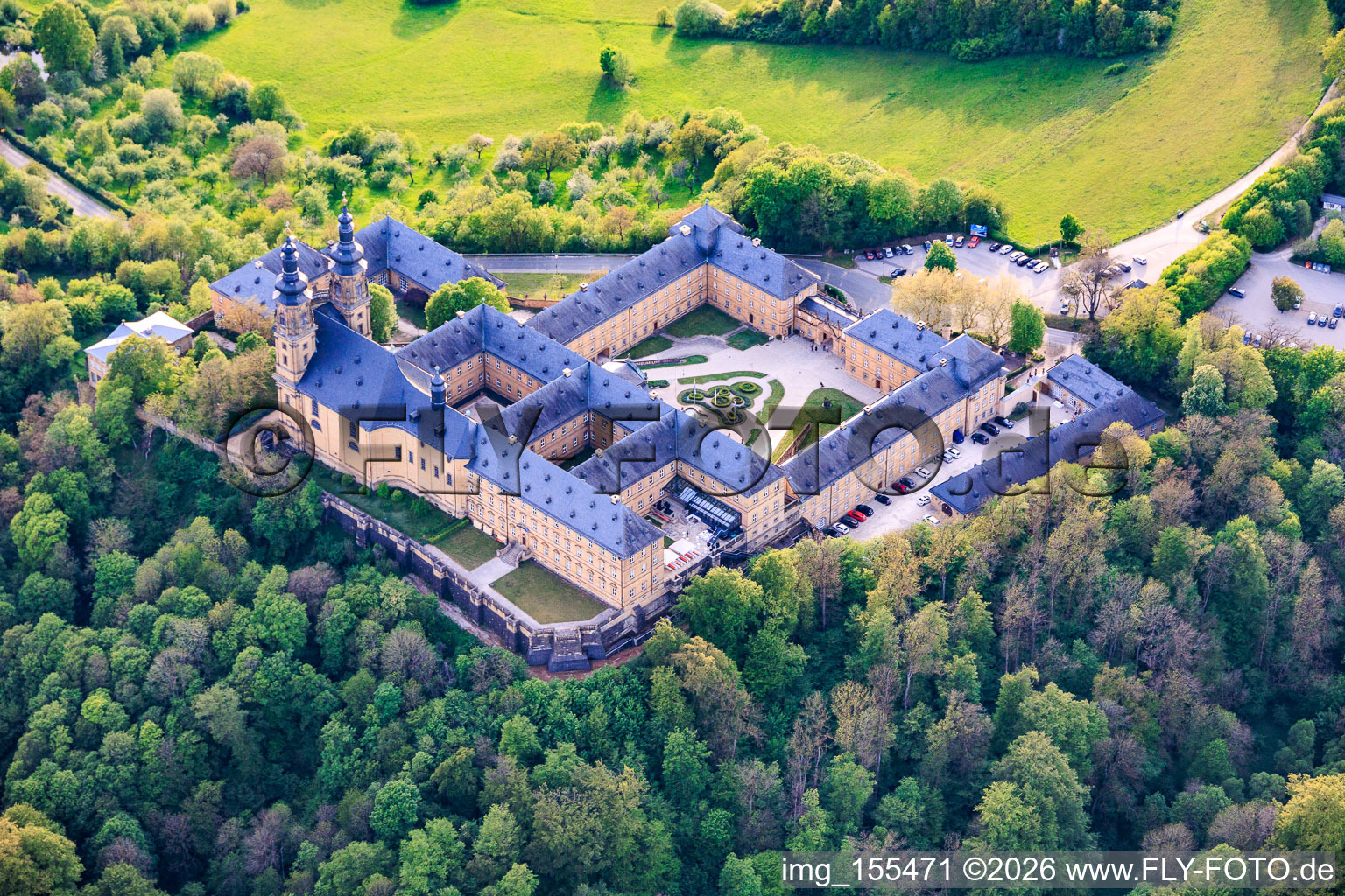 Banz Abbey with Imperial Hall, Abbey Church of St. Dionysius and St. Peter, Valentin Rathgeber Sculpture and Memorial and Hanns Seidel Foundation - Banz Abbey in the district Unnersdorf in Bad Staffelstein in the state Bavaria, Germany