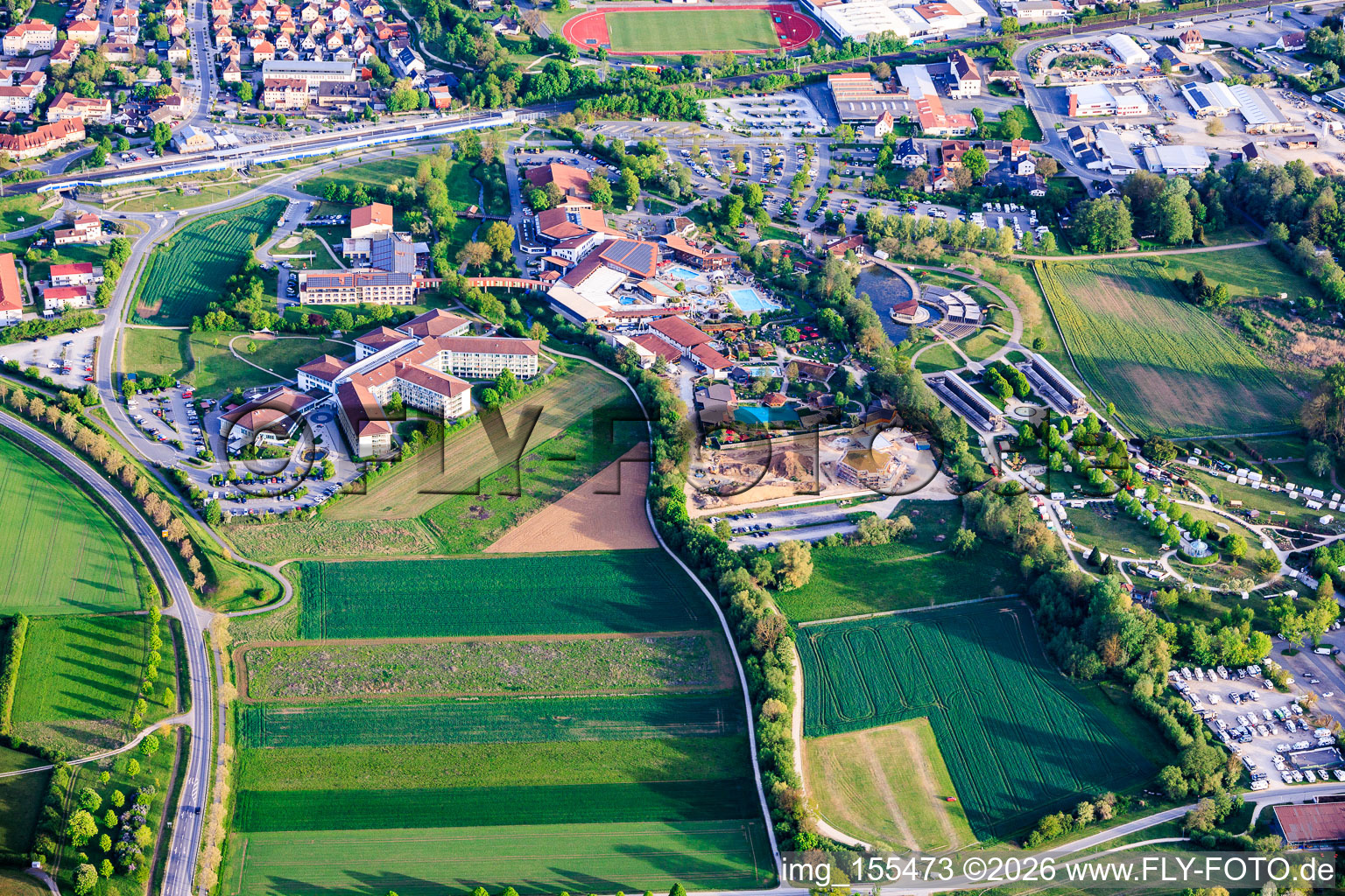 Spa park with lakeside stage, Obermain Therme and Schön Clinic Bad Staffelstein in Bad Staffelstein in the state Bavaria, Germany