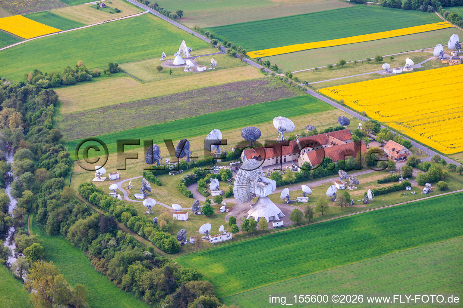 Parabolic antennas for satellite communication of the earth station Fuchsstadt in Fuchsstadt in the state Bavaria, Germany