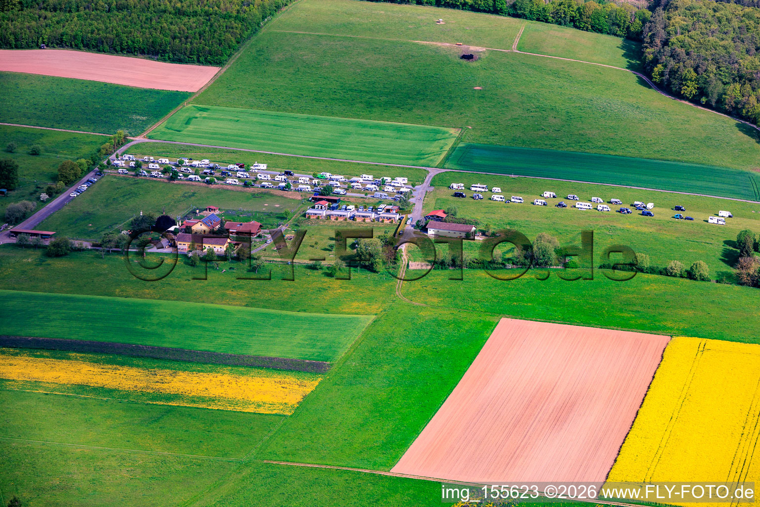 Motorhome site Am Erlich with a view of the Forellenhof in the district Diebach in Hammelburg in the state Bavaria, Germany