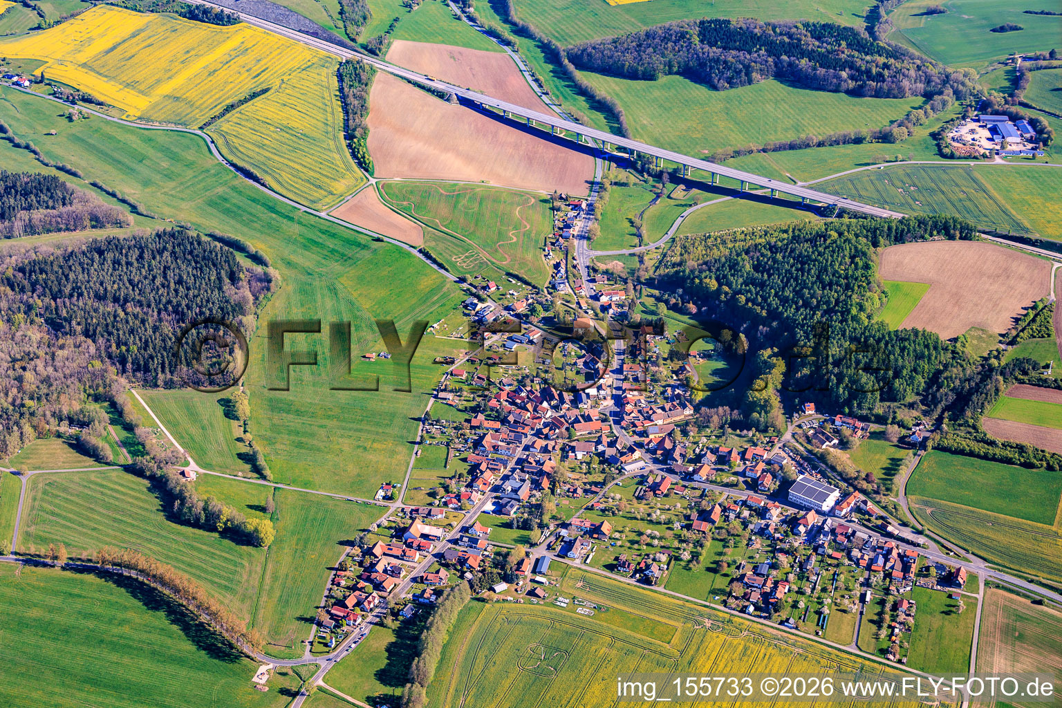 View of the town from the southwest, on this side of the A73 valley bridge in Brünn in the state Thuringia, Germany