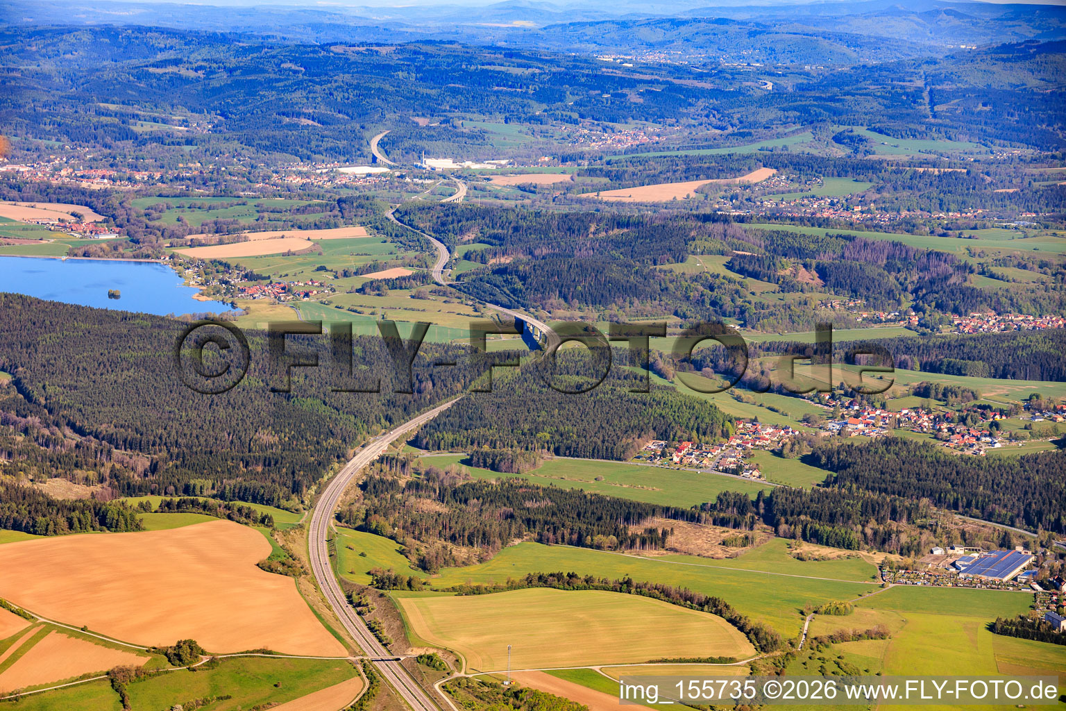 Route of the A73 motorway to the northeast and Ratscher reservoir in the district Oberrod in Schleusingen in the state Thuringia, Germany