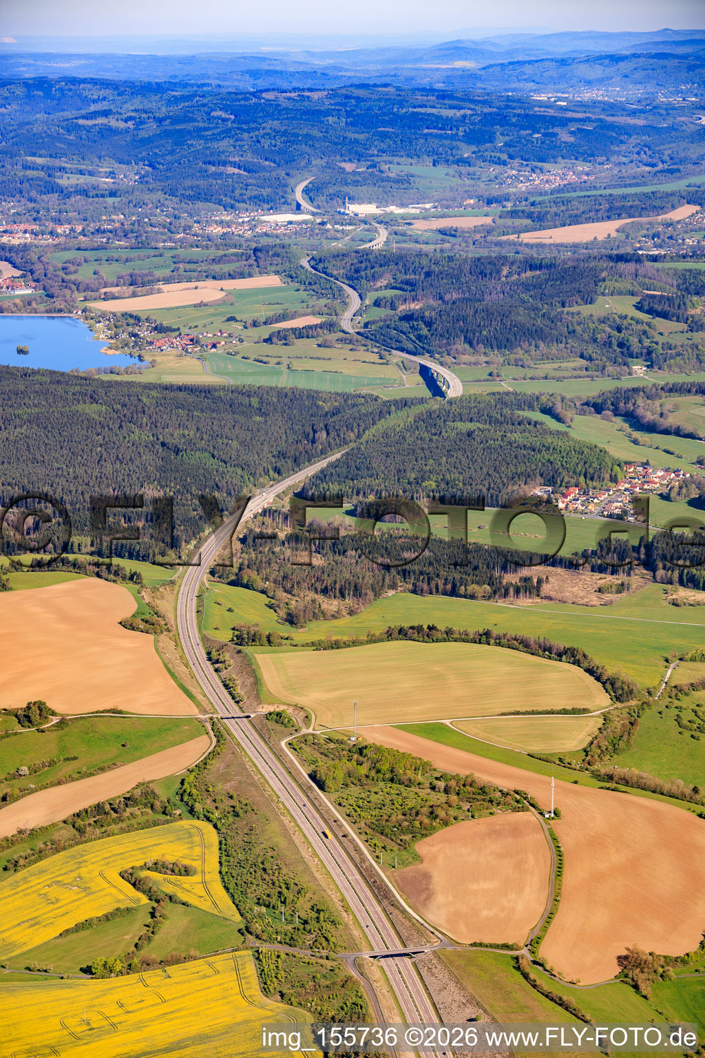 Route of the A73 motorway to the northeast and Ratscher reservoir in the district Wiedersbach in Auengrund in the state Thuringia, Germany
