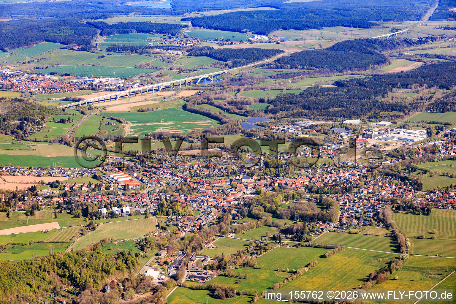 View of the town from the southeast, on this side of the Ilm Valley Bridge for the ICE high-speed train. in the district Gehren in Ilmenau in the state Thuringia, Germany