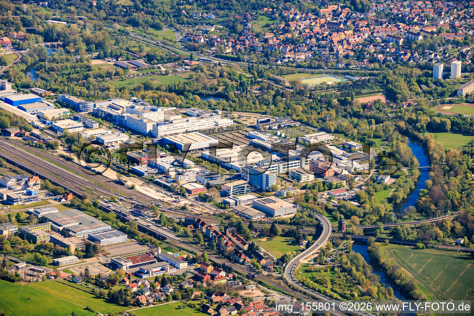 Göschwitzer Straße industrial park between railway tracks and Saale riverbank with JENOPTIK Robot GmbH, JENOPTIK Automatisierungstechnik, Analytik Jena GmbH+Co. KG in the district Burgau in Jena in the state Thuringia, Germany