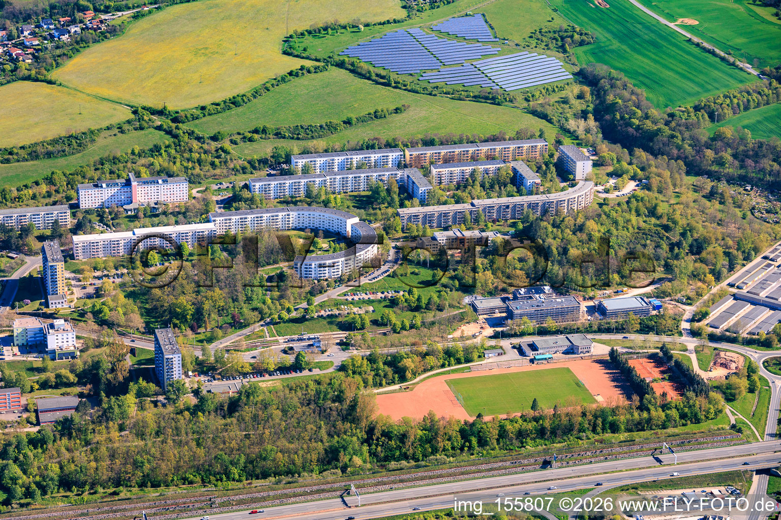 Semicircular prefabricated housing estate in Carolinenstrasse in the district Neulobeda in Jena in the state Thuringia, Germany