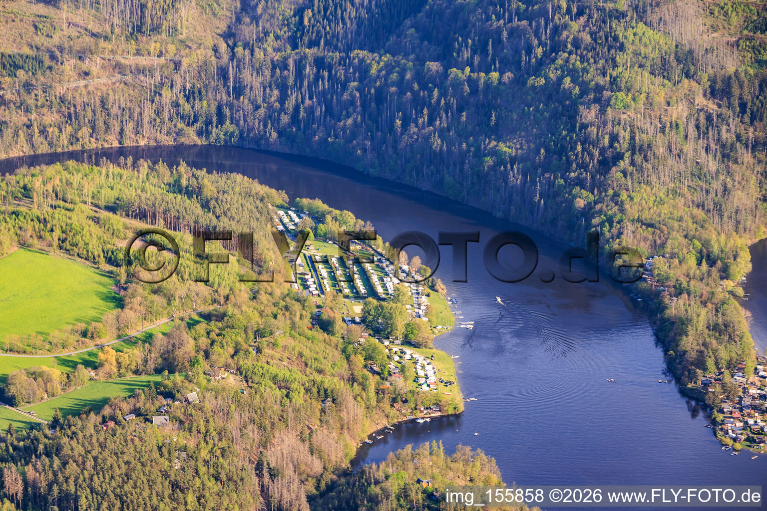Hohenwarte I dam from the north with Neumannshof campsite in Gössitz in the state Thuringia, Germany